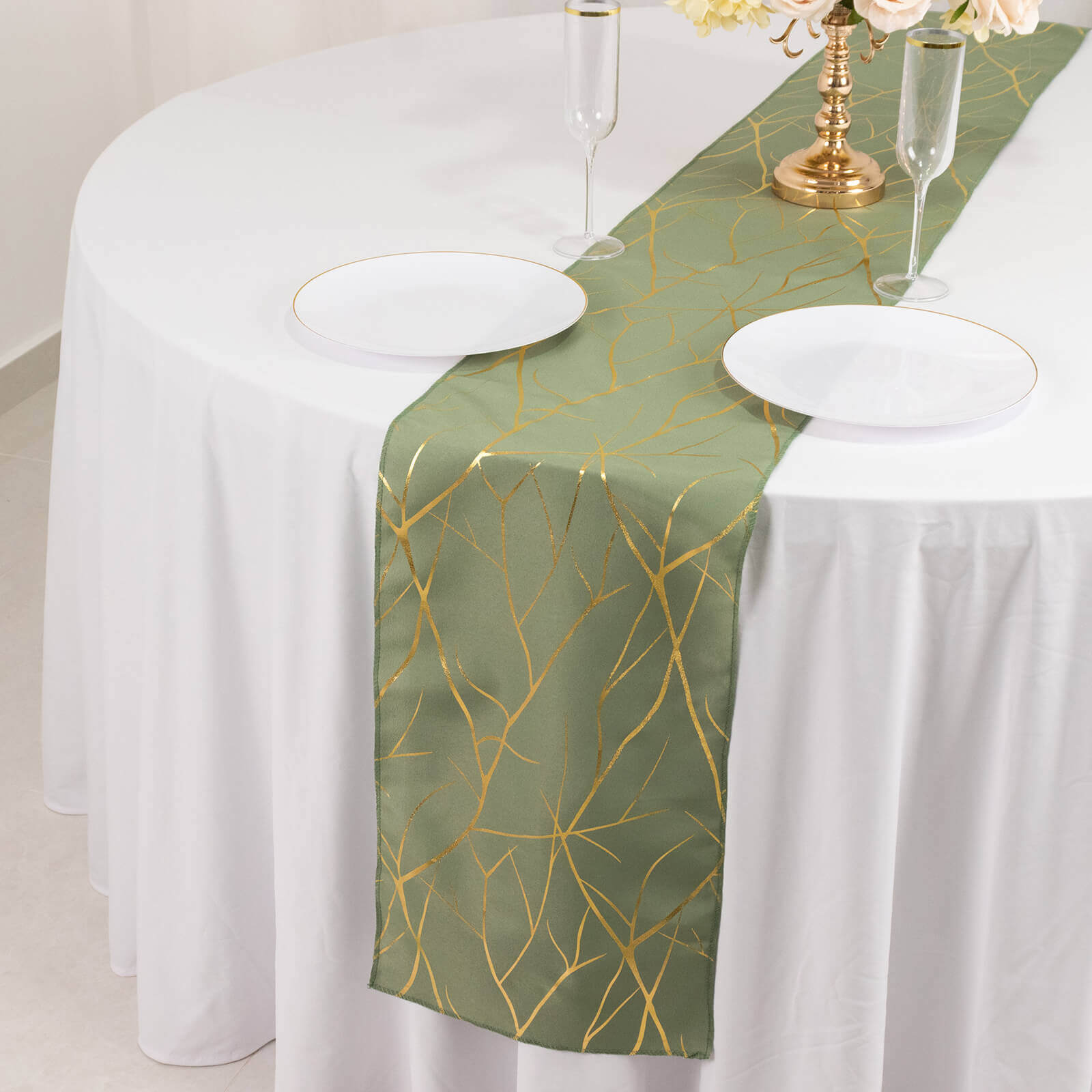 Polyester 9ft Table Runner Dusty Sage Green with Gold Foil Tree Branch Pattern - Stylish Table Linen - Bell Racket Store