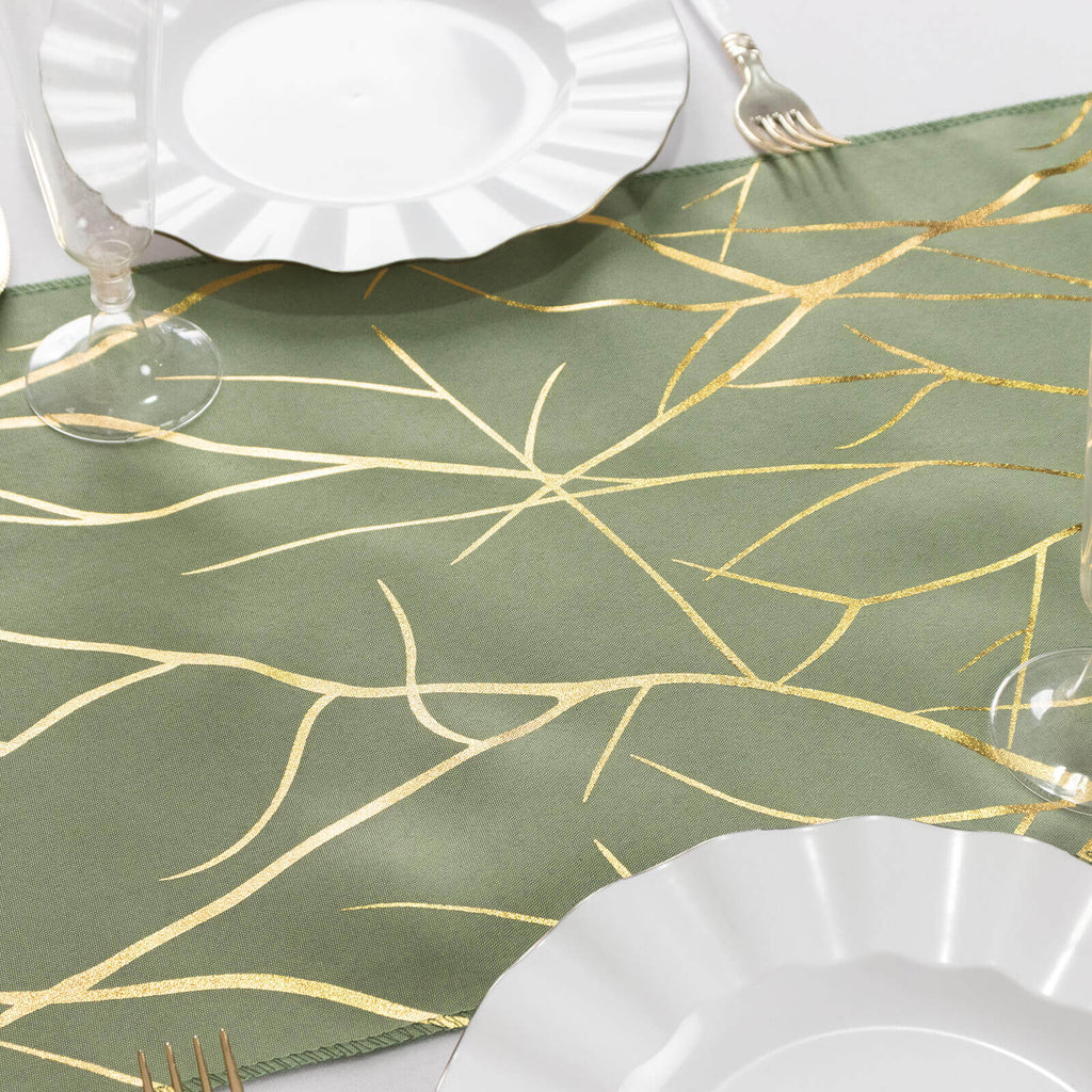 Polyester 9ft Table Runner Dusty Sage Green with Gold Foil Tree Branch Pattern - Stylish Table Linen - Bell Racket Store