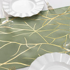 Polyester 9ft Table Runner Dusty Sage Green with Gold Foil Tree Branch Pattern - Stylish Table Linen - Bell Racket Store
