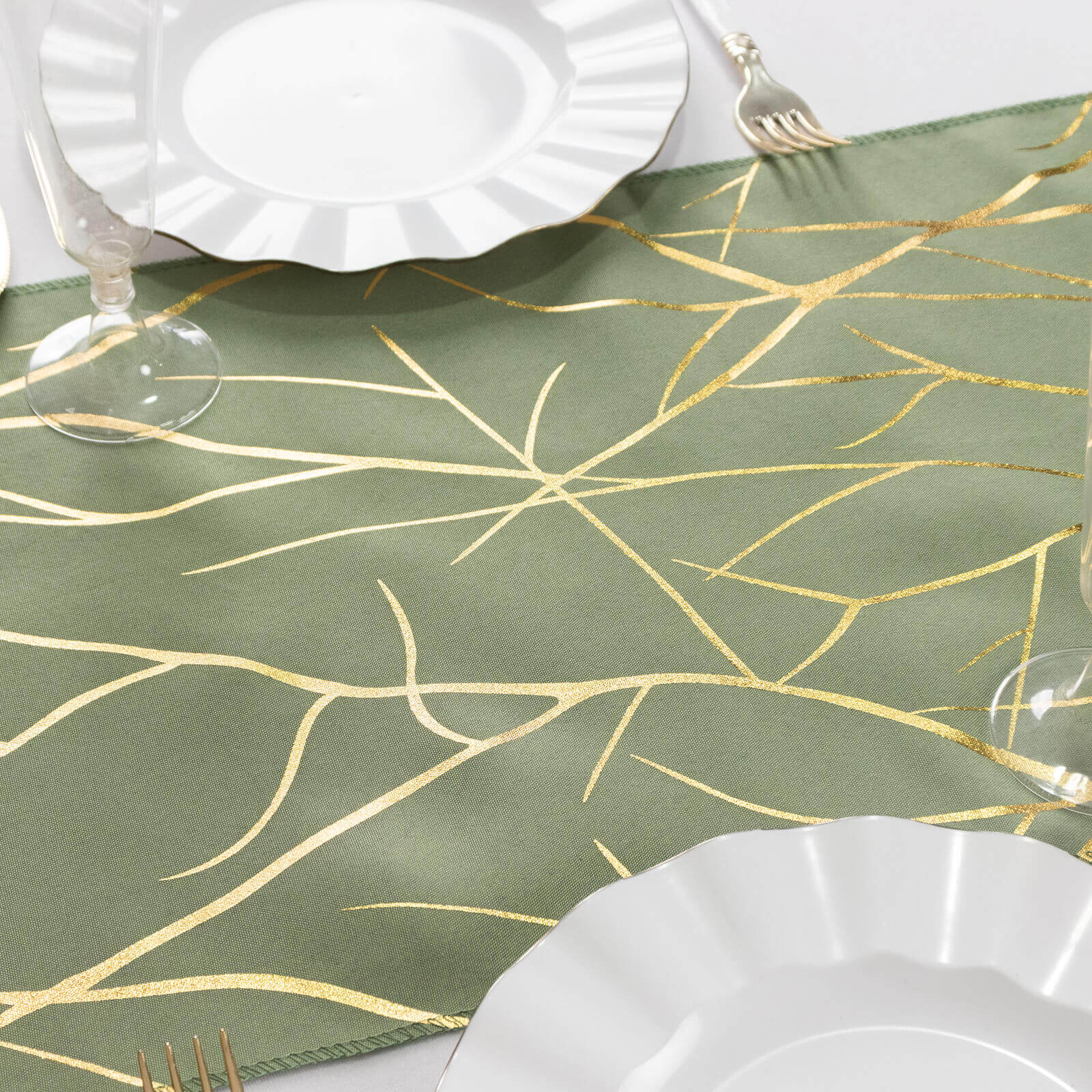 Polyester 9ft Table Runner Dusty Sage Green with Gold Foil Tree Branch Pattern - Stylish Table Linen - Bell Racket Store