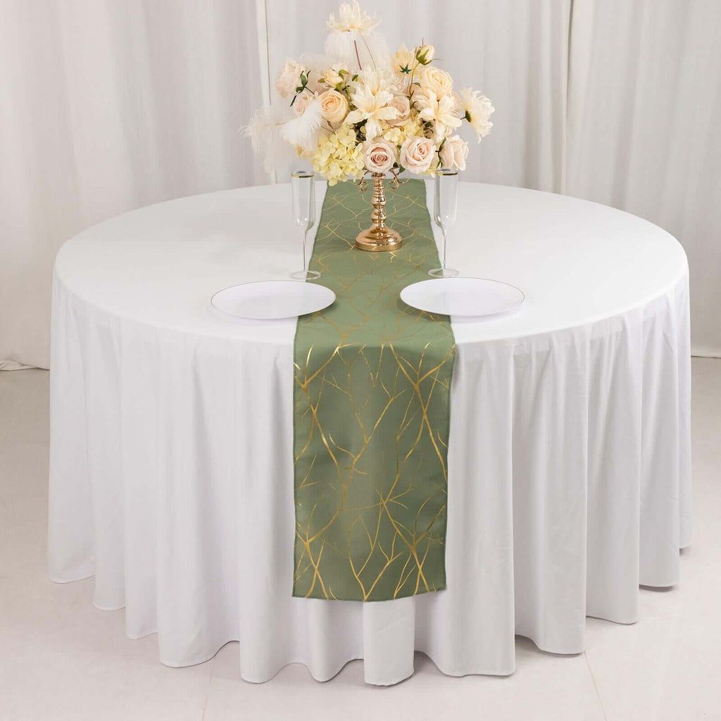 Polyester 9ft Table Runner Dusty Sage Green with Gold Foil Tree Branch Pattern - Stylish Table Linen - Bell Racket Store