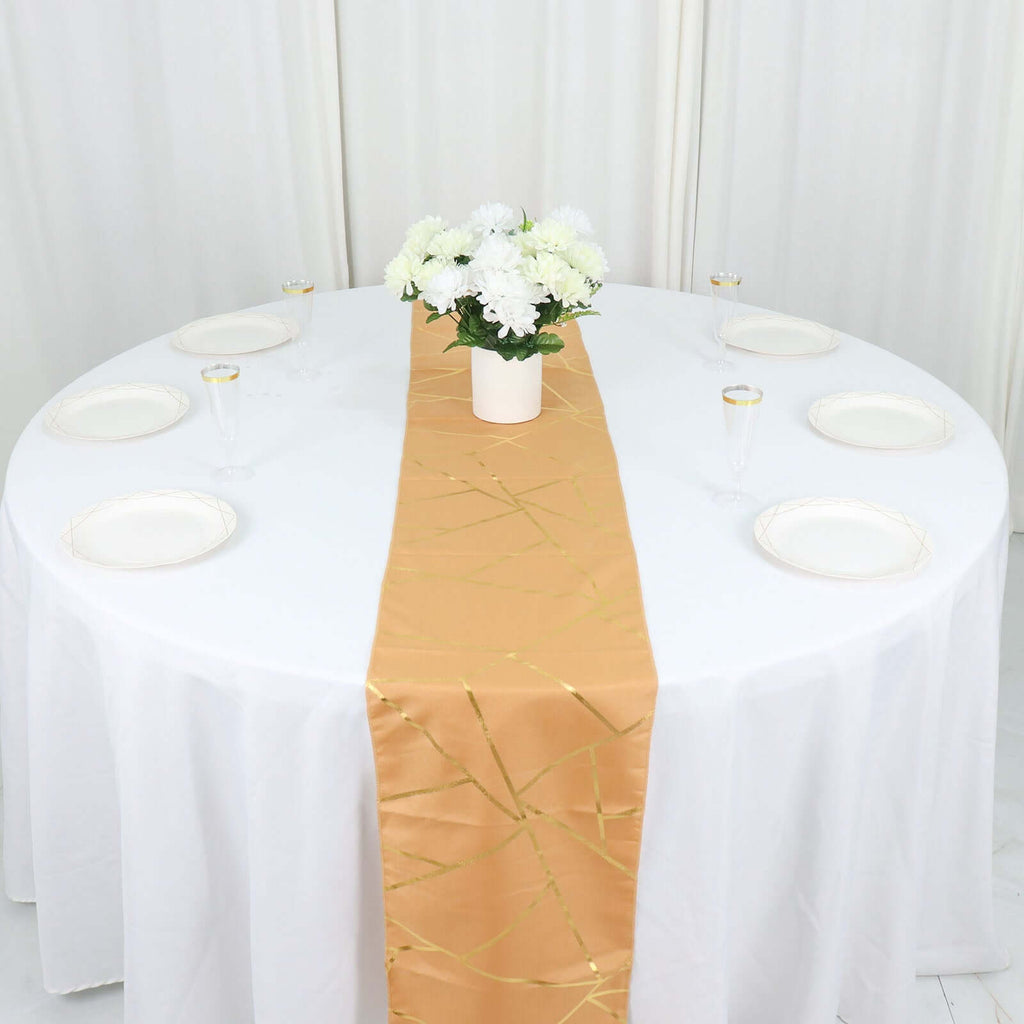 Polyester 9ft Table Runner Gold with Gold Foil Geometric Pattern - Modern & Stylish Table Decor - Bell Racket Store