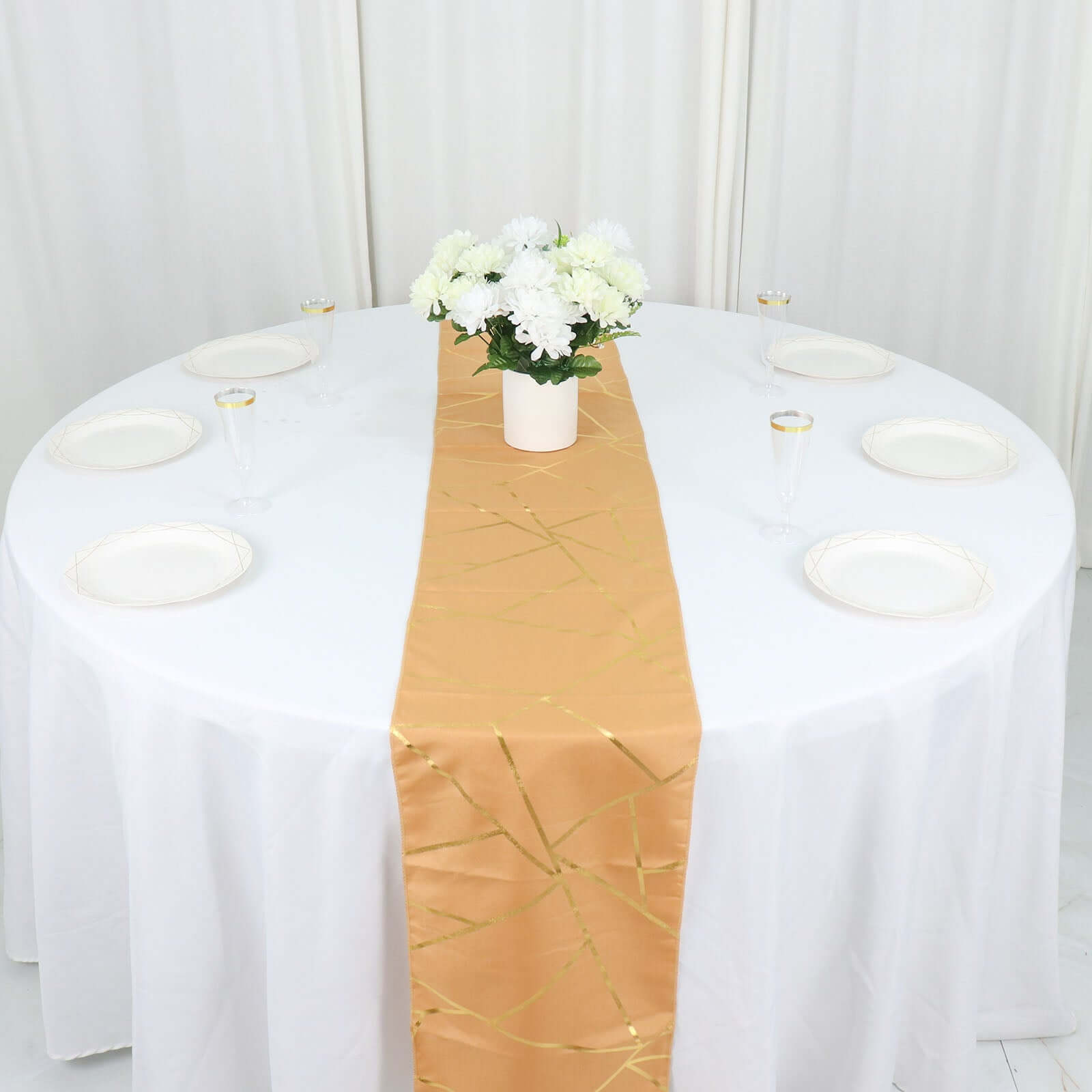 Polyester 9ft Table Runner Gold with Gold Foil Geometric Pattern - Modern & Stylish Table Decor - Bell Racket Store