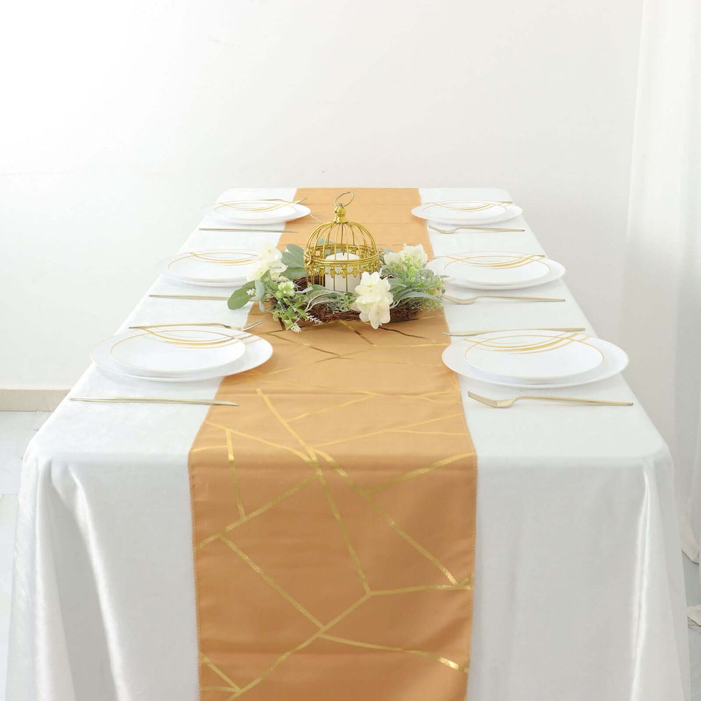 Polyester 9ft Table Runner Gold with Gold Foil Geometric Pattern - Modern & Stylish Table Decor - Bell Racket Store