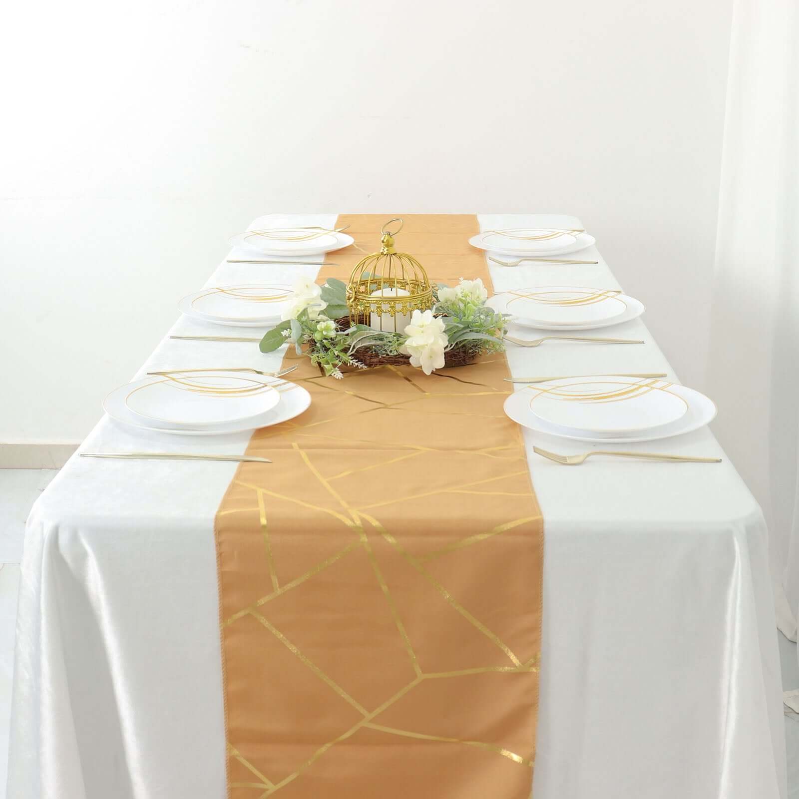 Polyester 9ft Table Runner Gold with Gold Foil Geometric Pattern - Modern & Stylish Table Decor - Bell Racket Store
