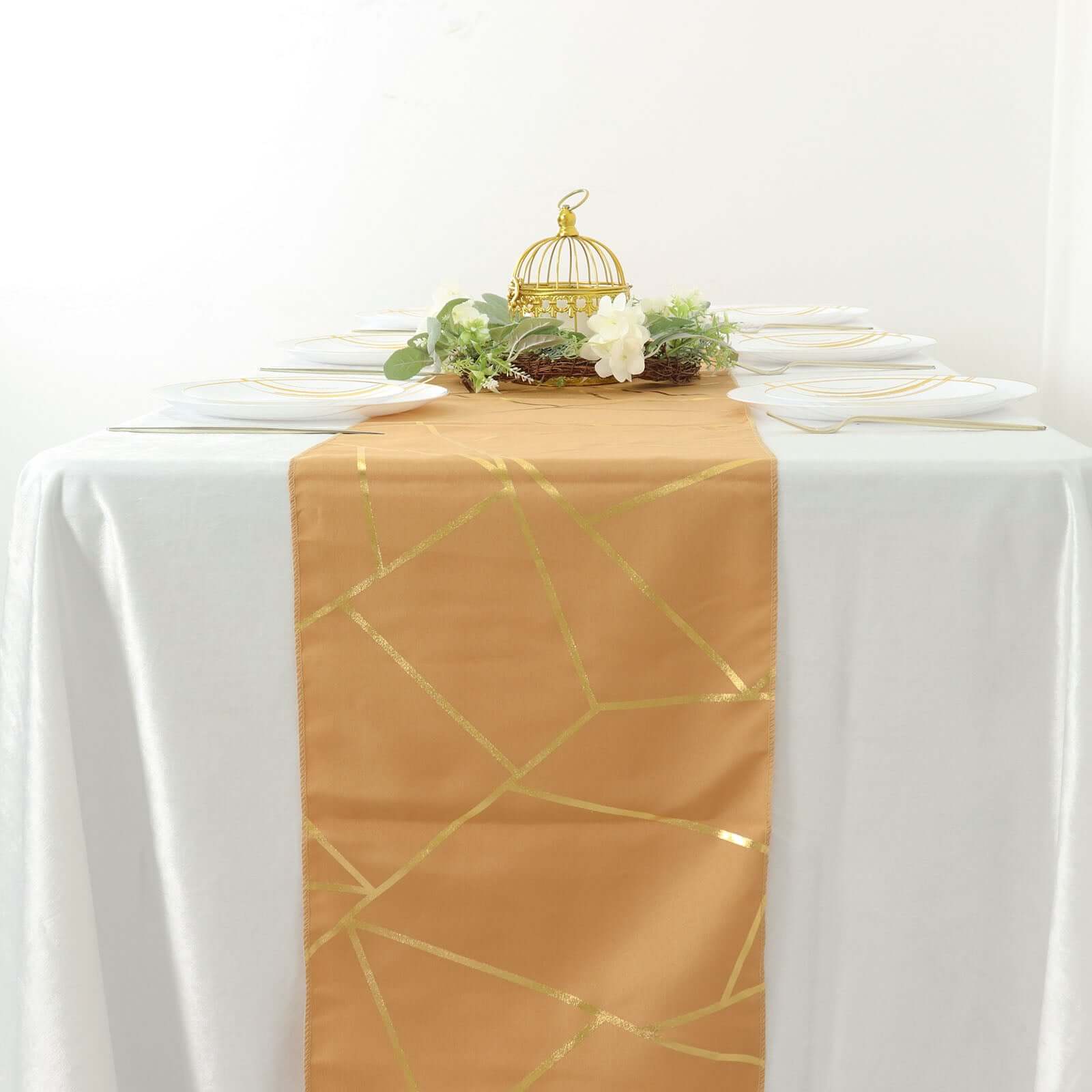 Polyester 9ft Table Runner Gold with Gold Foil Geometric Pattern - Modern & Stylish Table Decor - Bell Racket Store