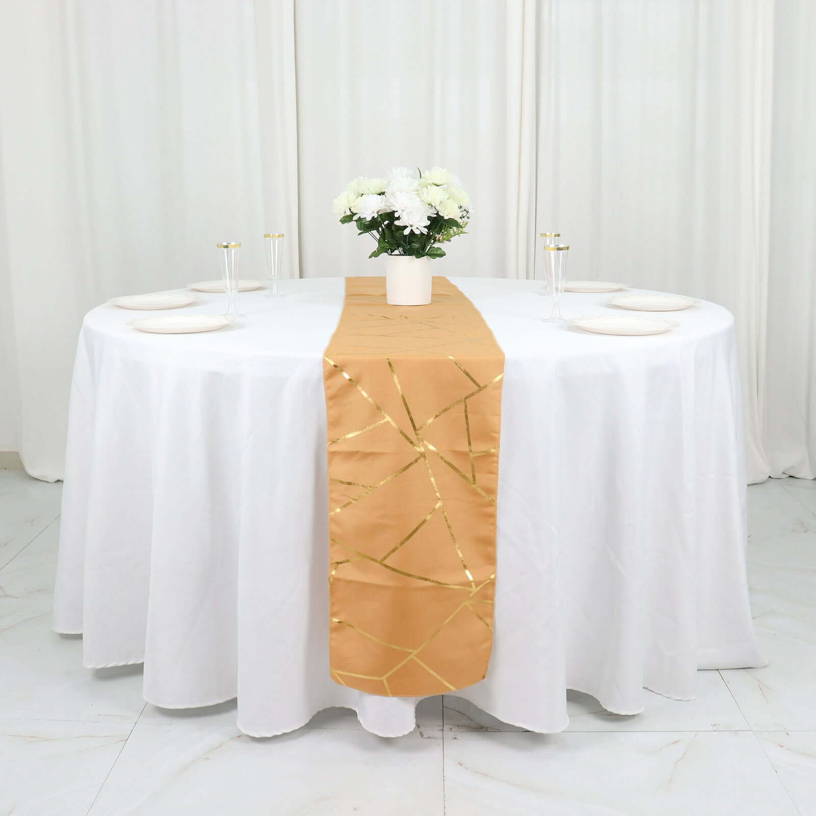 Polyester 9ft Table Runner Gold with Gold Foil Geometric Pattern - Modern & Stylish Table Decor - Bell Racket Store