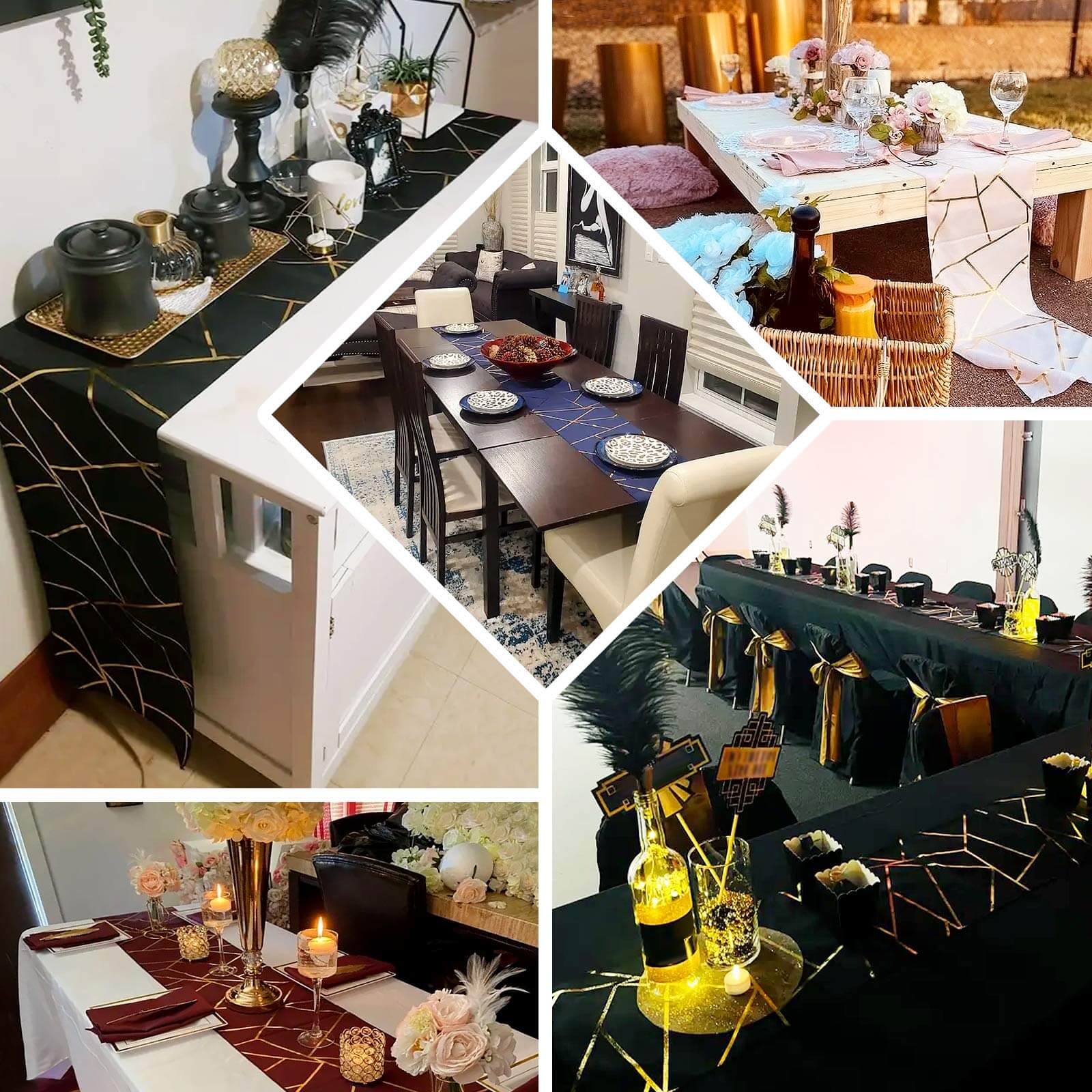 Polyester 9ft Table Runner Purple with Gold Foil Modern Geometric Accent - Bell Racket Store