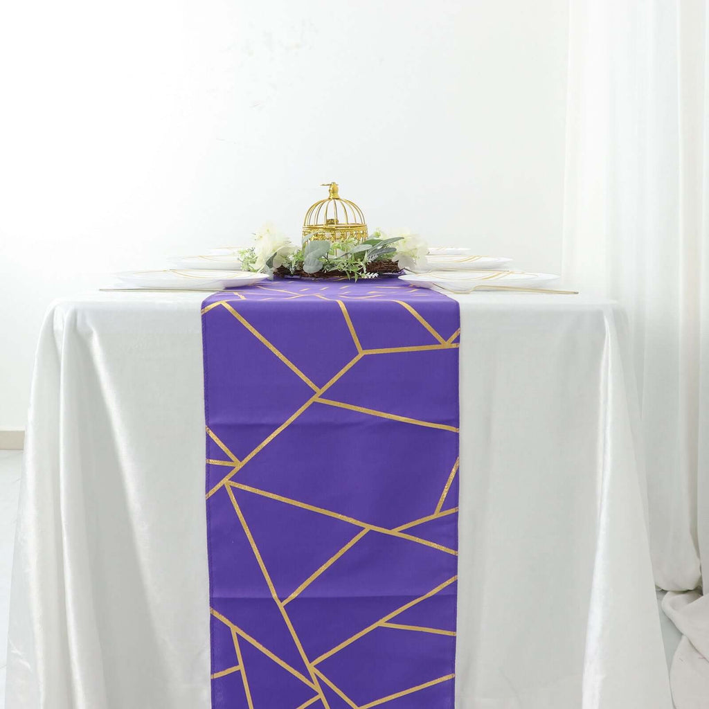 Polyester 9ft Table Runner Purple with Gold Foil Modern Geometric Accent - Bell Racket Store