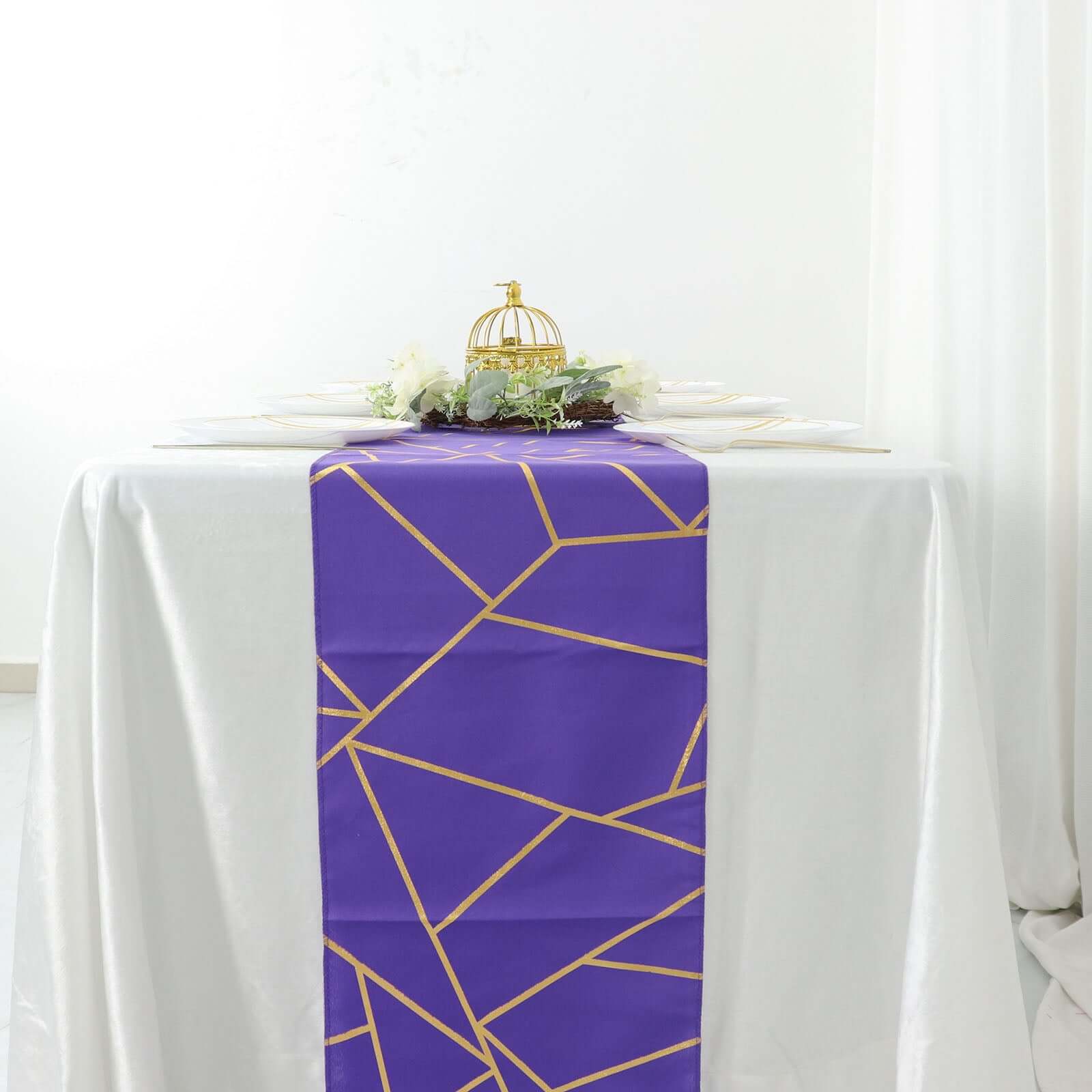 Polyester 9ft Table Runner Purple with Gold Foil Modern Geometric Accent - Bell Racket Store