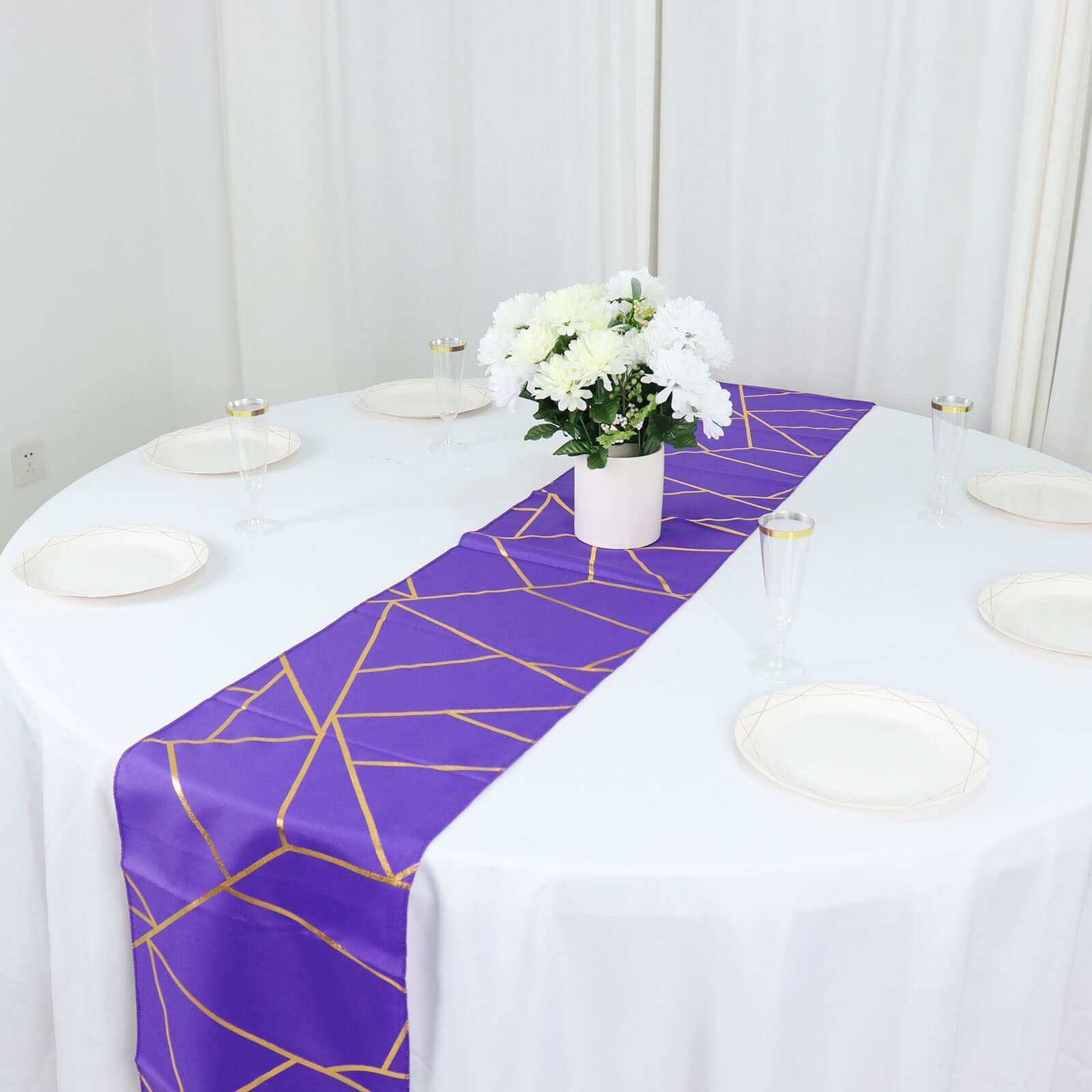 Polyester 9ft Table Runner Purple with Gold Foil Modern Geometric Accent - Bell Racket Store