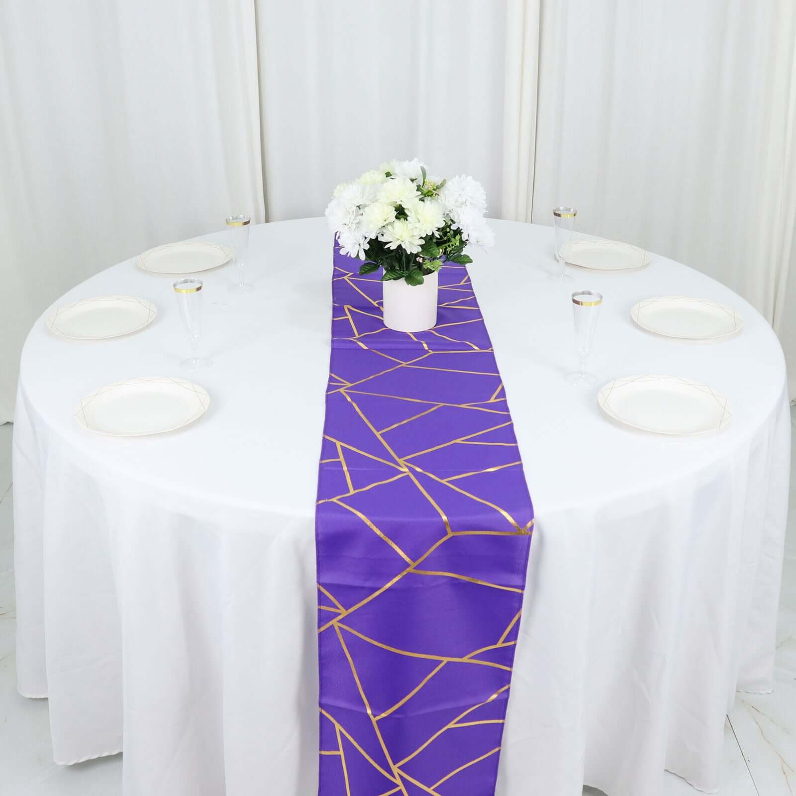 Polyester 9ft Table Runner Purple with Gold Foil Modern Geometric Accent - Bell Racket Store