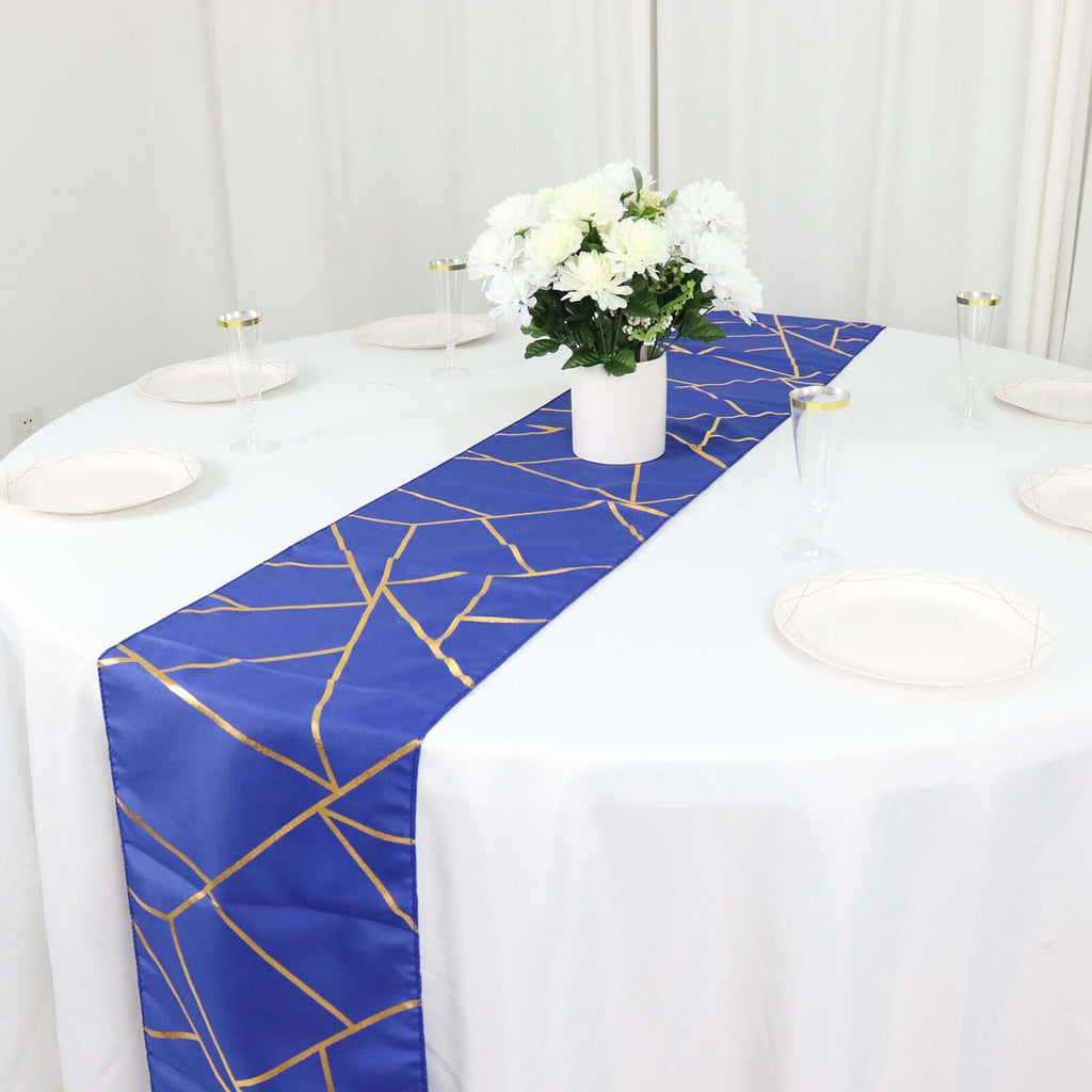 Polyester 9ft Table Runner Royal Blue with Gold Foil Modern Geometric Accent - Bell Racket Store