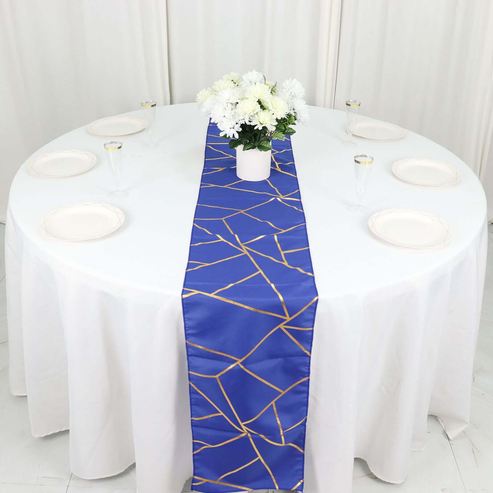 Polyester 9ft Table Runner Royal Blue with Gold Foil Modern Geometric Accent - Bell Racket Store