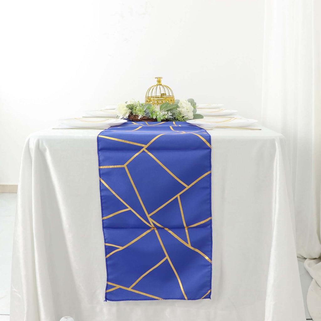 Polyester 9ft Table Runner Royal Blue with Gold Foil Modern Geometric Accent - Bell Racket Store