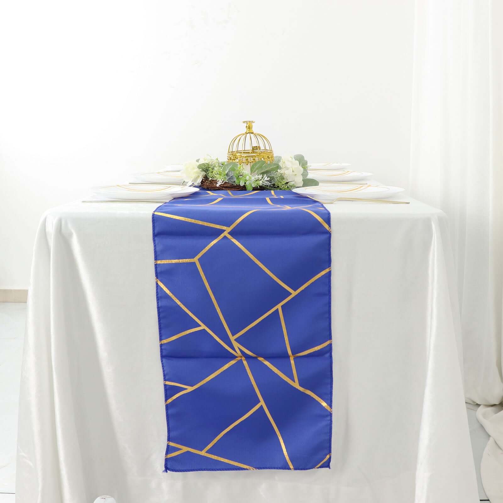 Polyester 9ft Table Runner Royal Blue with Gold Foil Modern Geometric Accent - Bell Racket Store