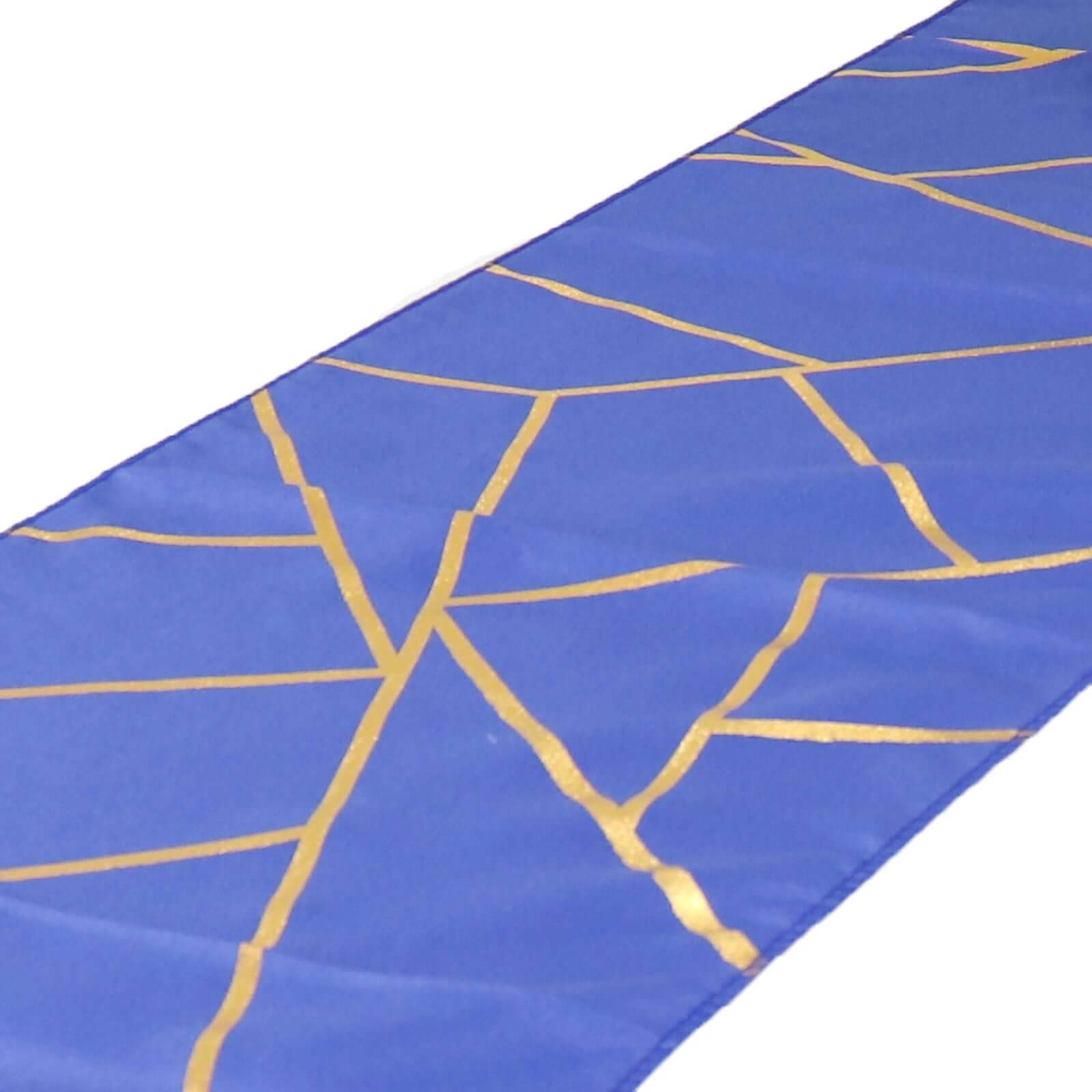 Polyester 9ft Table Runner Royal Blue with Gold Foil Modern Geometric Accent - Bell Racket Store