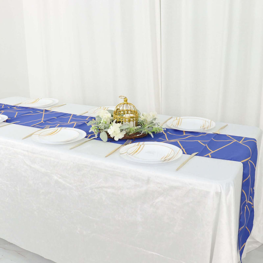 Polyester 9ft Table Runner Royal Blue with Gold Foil Modern Geometric Accent - Bell Racket Store
