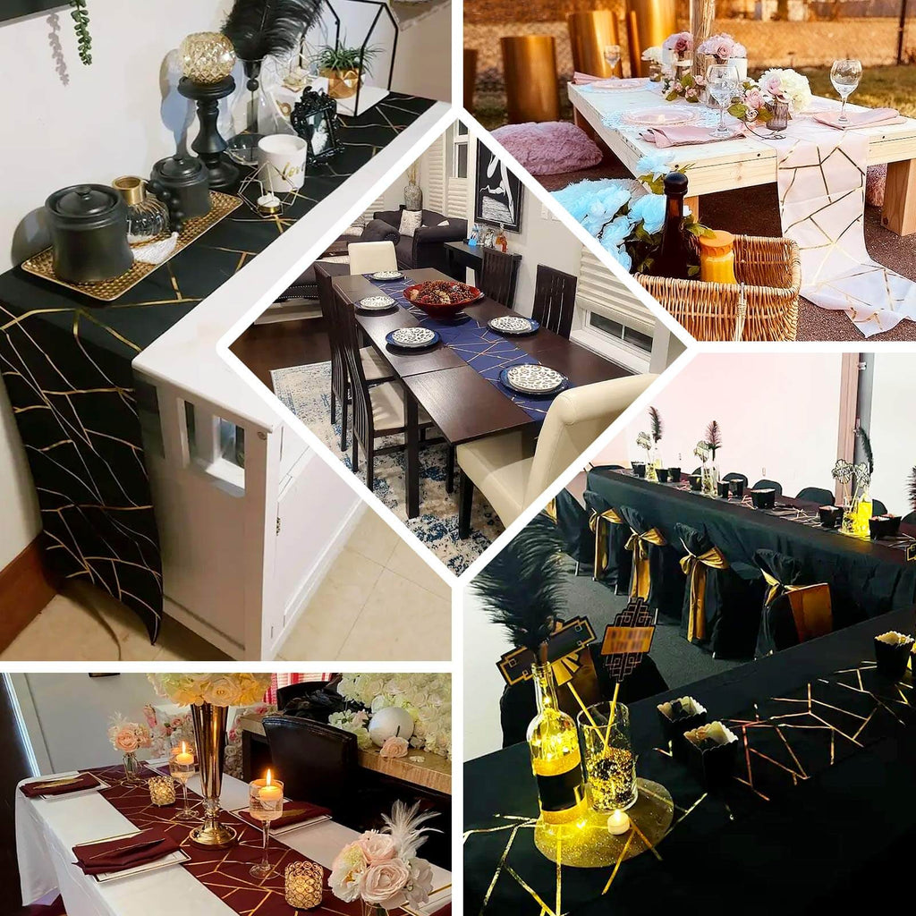 Polyester 9ft Table Runner Sage Green with Gold Foil Modern Geometric Accent - Bell Racket Store