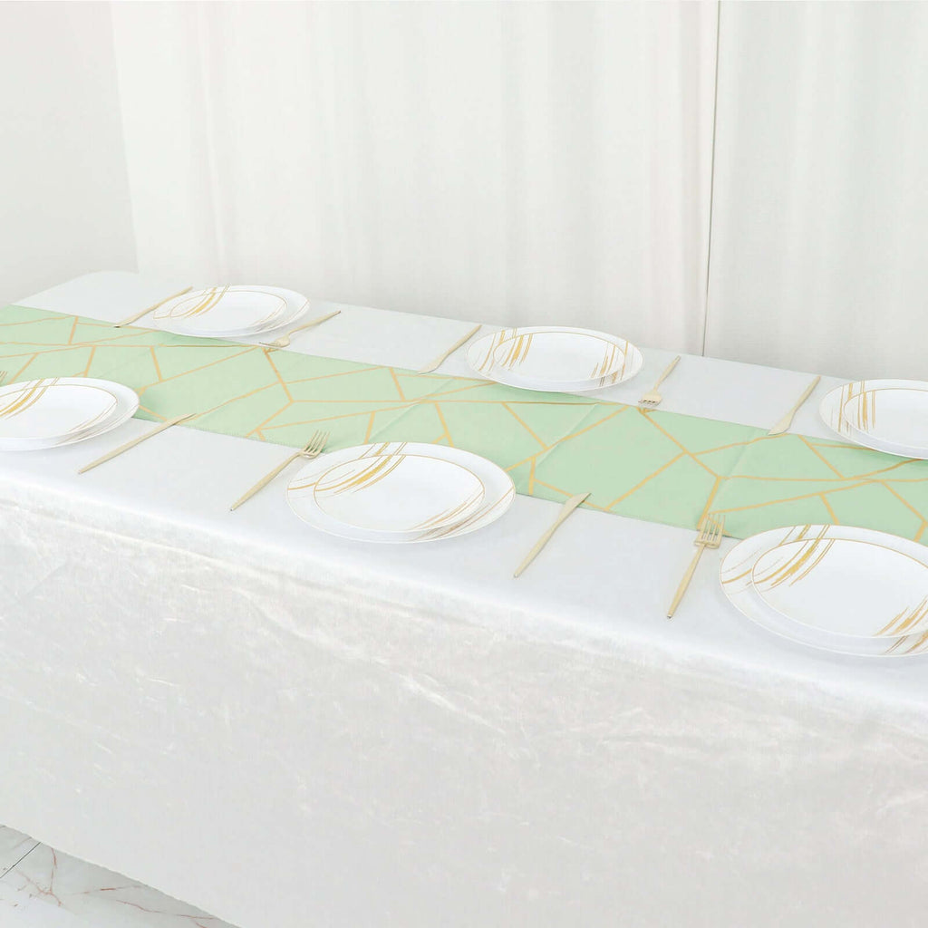 Polyester 9ft Table Runner Sage Green with Gold Foil Modern Geometric Accent - Bell Racket Store