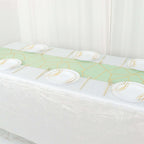 Polyester 9ft Table Runner Sage Green with Gold Foil Modern Geometric Accent - Bell Racket Store