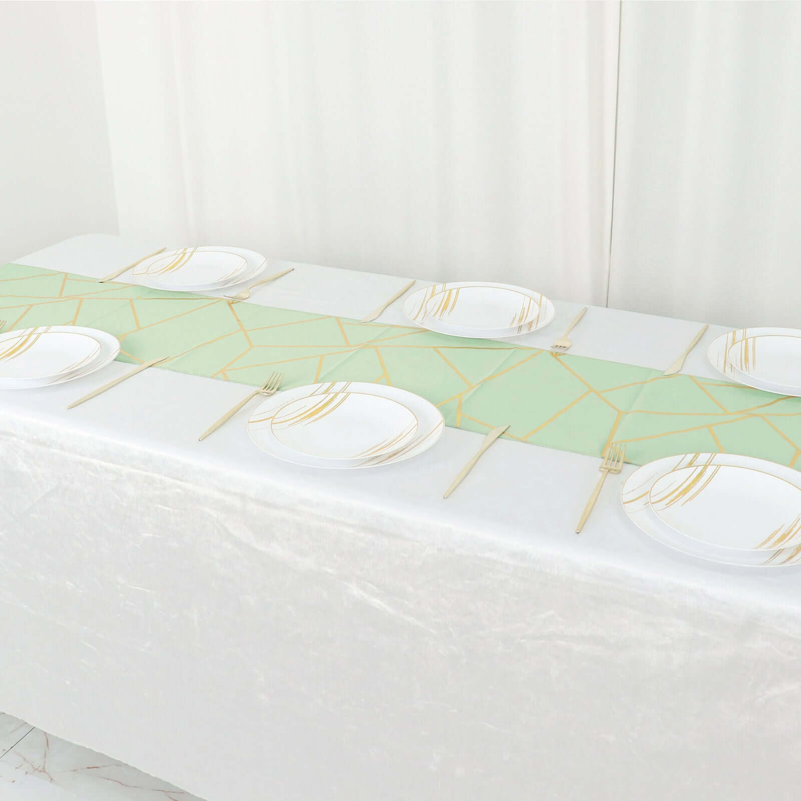 Polyester 9ft Table Runner Sage Green with Gold Foil Modern Geometric Accent - Bell Racket Store