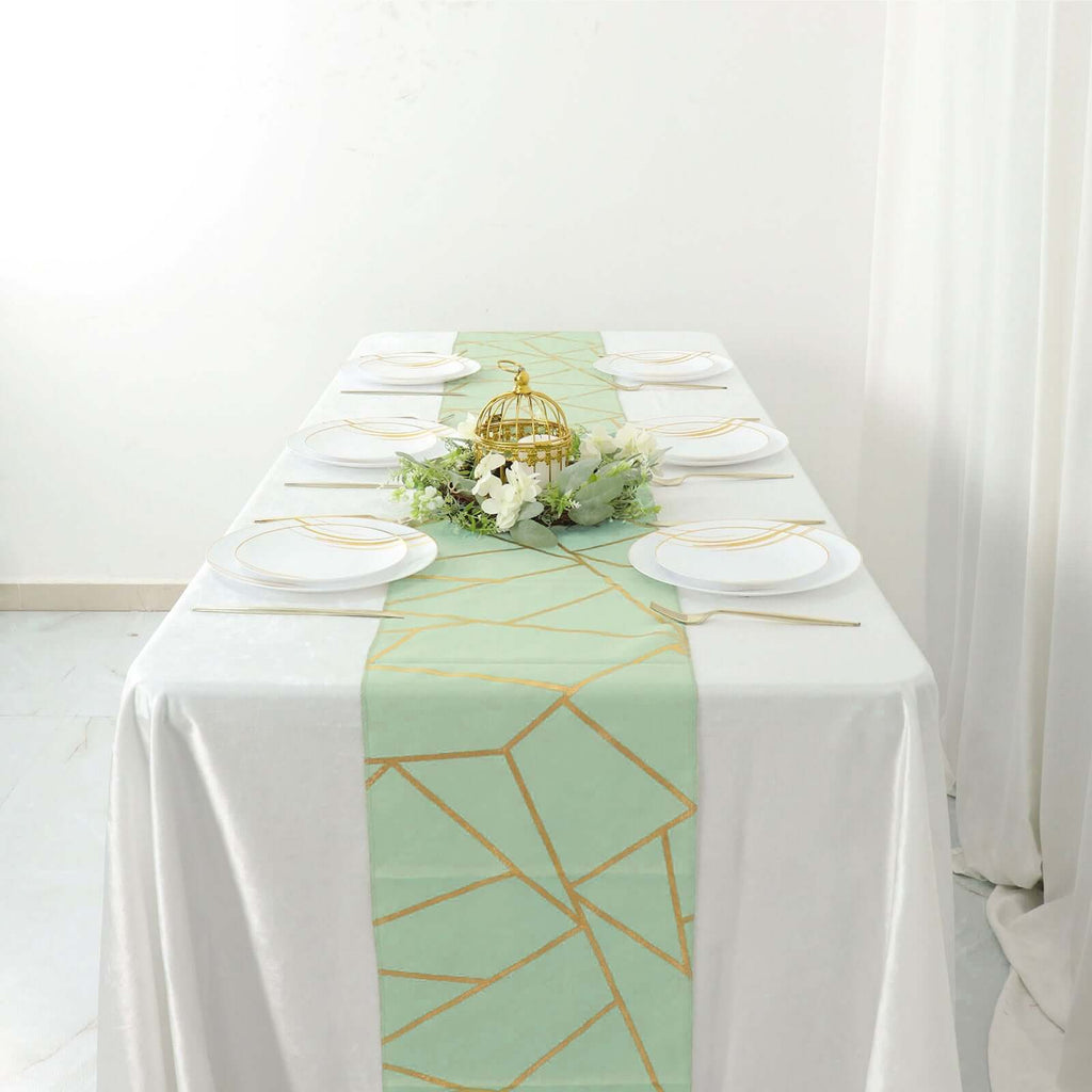 Polyester 9ft Table Runner Sage Green with Gold Foil Modern Geometric Accent - Bell Racket Store