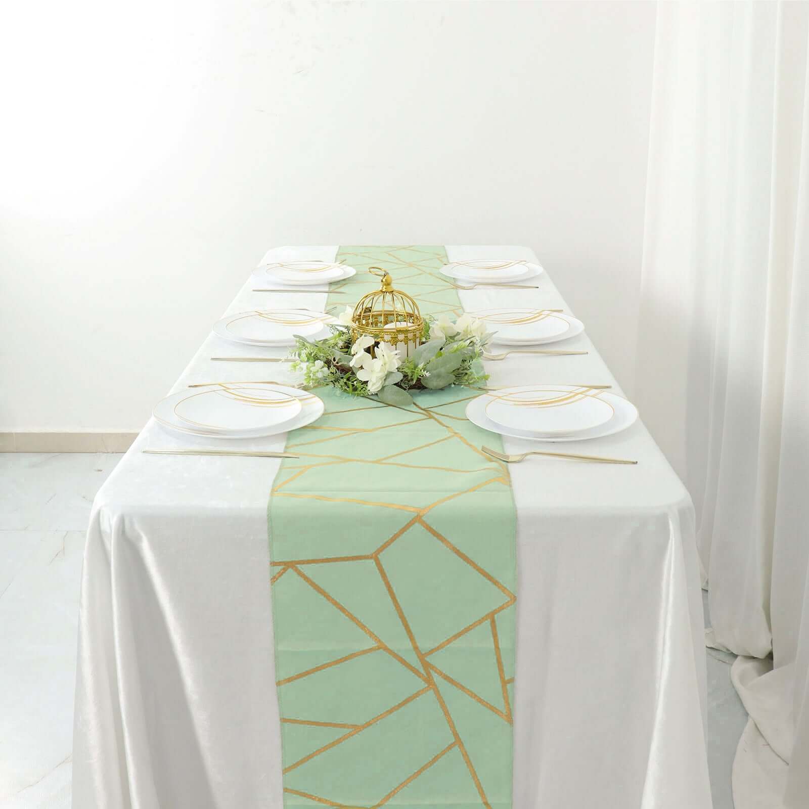 Polyester 9ft Table Runner Sage Green with Gold Foil Modern Geometric Accent - Bell Racket Store