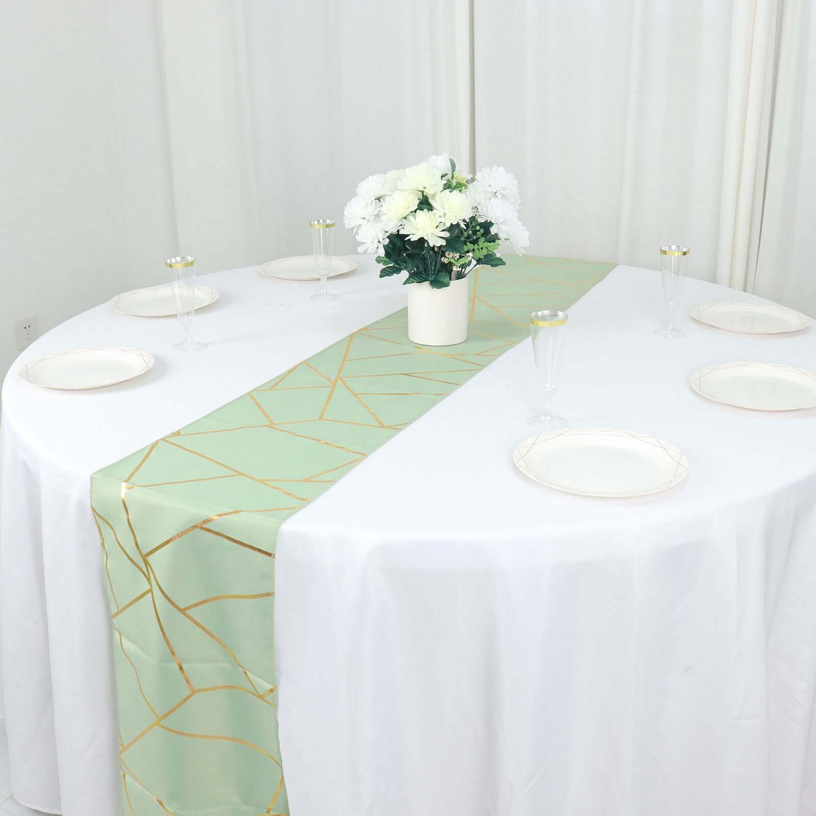 Polyester 9ft Table Runner Sage Green with Gold Foil Modern Geometric Accent - Bell Racket Store