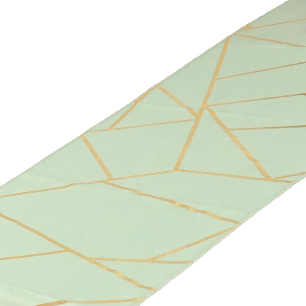 Polyester 9ft Table Runner Sage Green with Gold Foil Modern Geometric Accent - Bell Racket Store