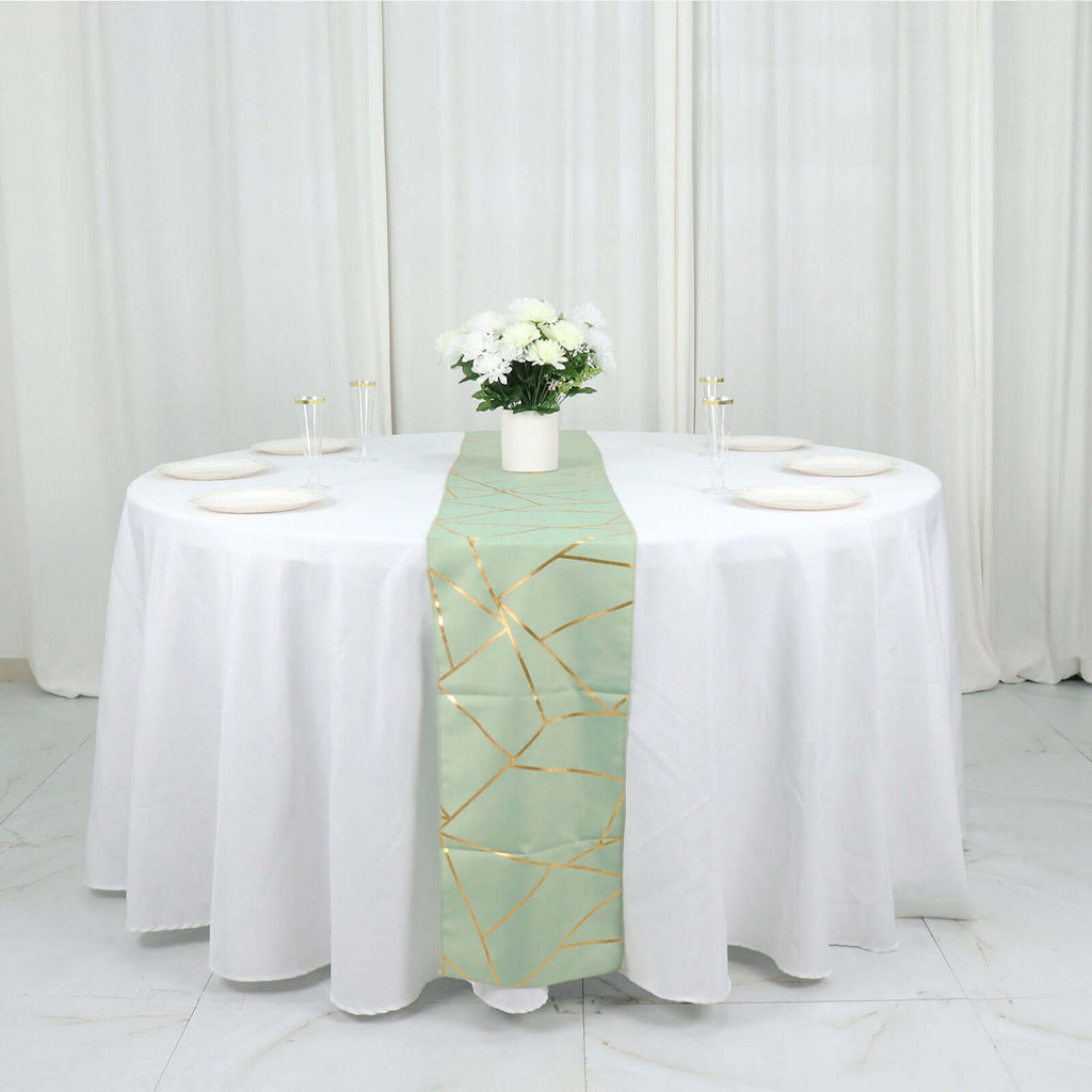 Polyester 9ft Table Runner Sage Green with Gold Foil Modern Geometric Accent - Bell Racket Store