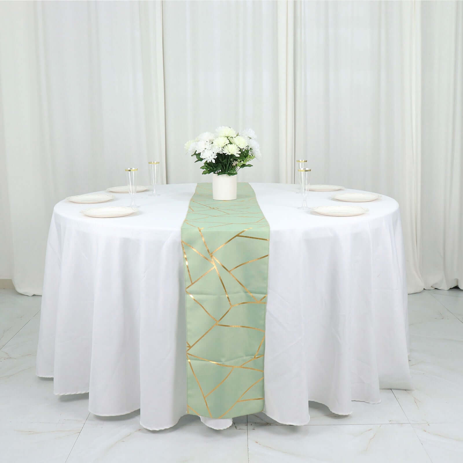 Polyester 9ft Table Runner Sage Green with Gold Foil Modern Geometric Accent - Bell Racket Store