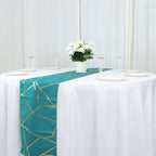 Polyester 9ft Table Runner Teal with Gold Foil Modern Geometric Accent - Bell Racket Store