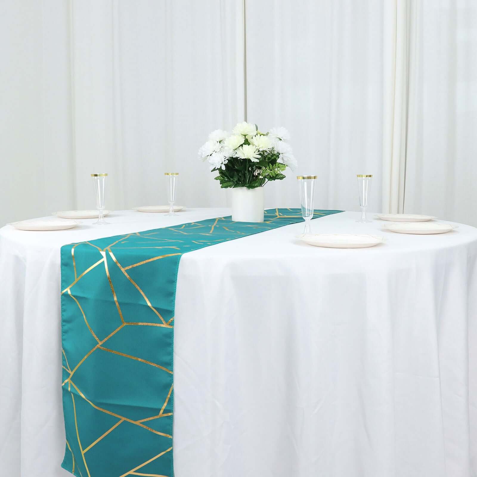 Polyester 9ft Table Runner Teal with Gold Foil Modern Geometric Accent - Bell Racket Store