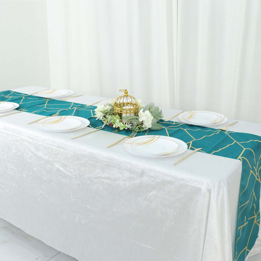 Polyester 9ft Table Runner Teal with Gold Foil Modern Geometric Accent - Bell Racket Store