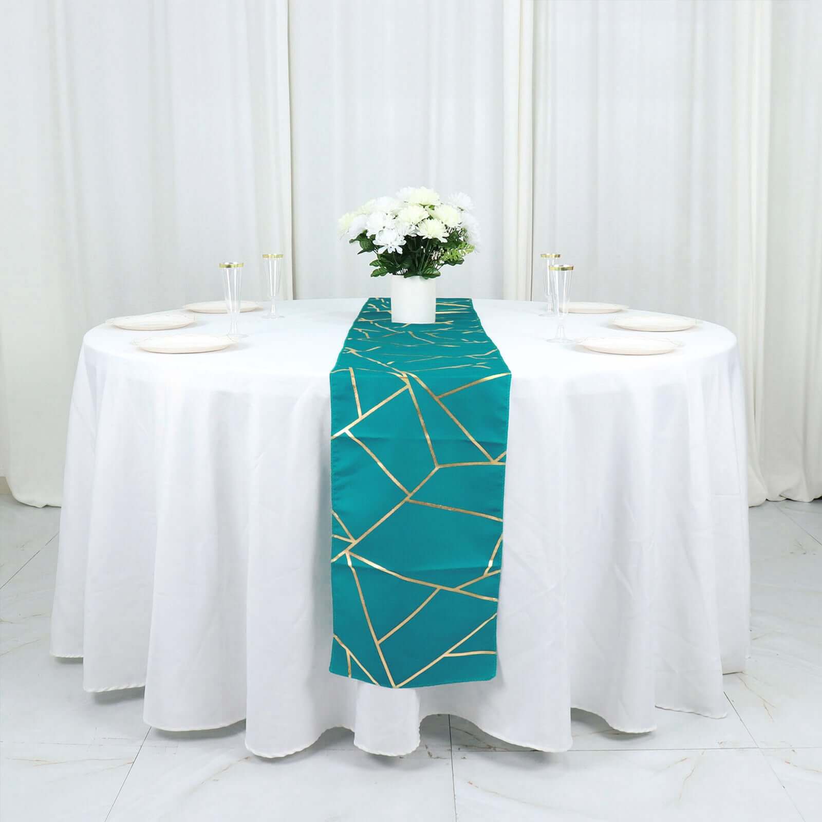 Polyester 9ft Table Runner Teal with Gold Foil Modern Geometric Accent - Bell Racket Store