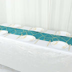 Polyester 9ft Table Runner Teal with Gold Foil Modern Geometric Accent - Bell Racket Store