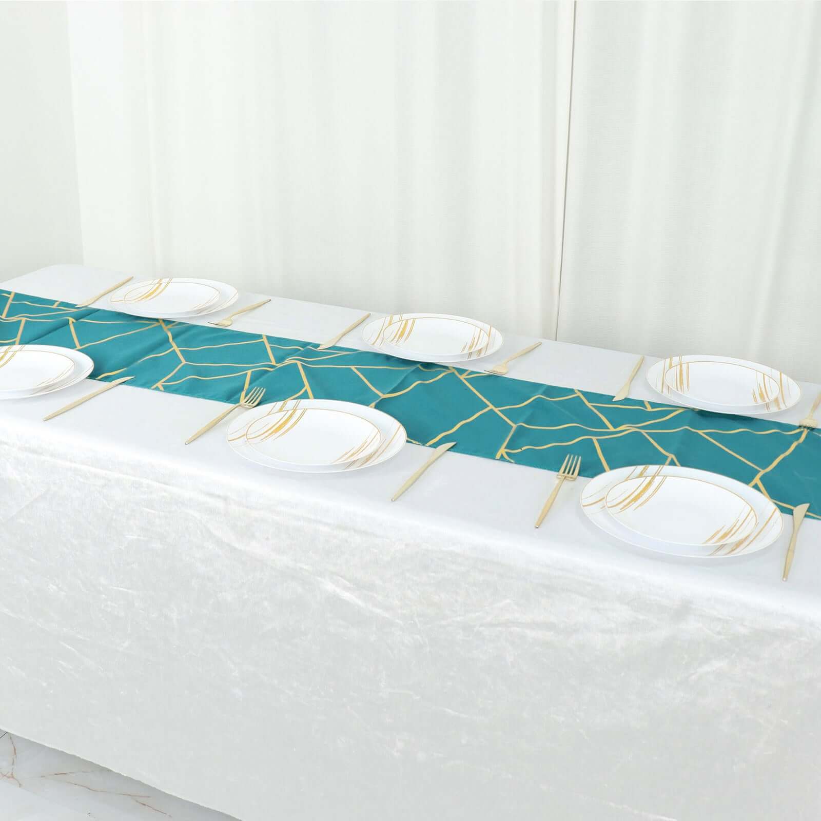 Polyester 9ft Table Runner Teal with Gold Foil Modern Geometric Accent - Bell Racket Store