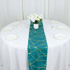 Polyester 9ft Table Runner Teal with Gold Foil Modern Geometric Accent - Bell Racket Store