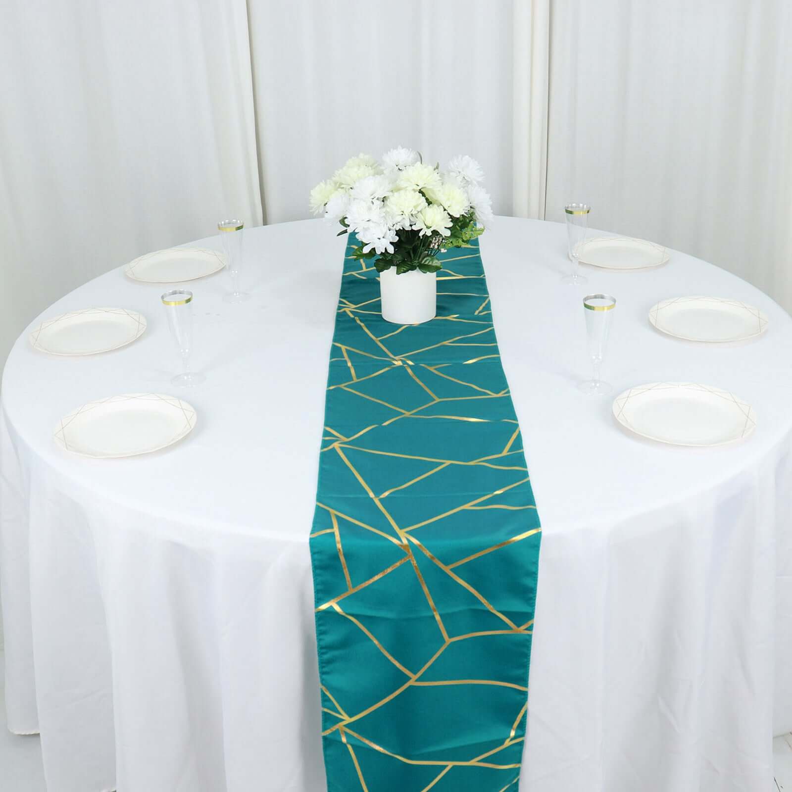 Polyester 9ft Table Runner Teal with Gold Foil Modern Geometric Accent - Bell Racket Store