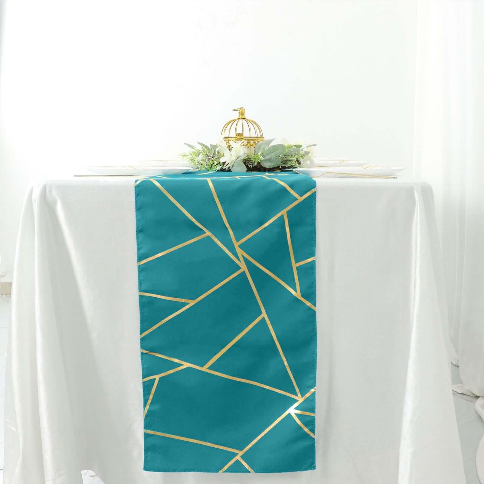 Polyester 9ft Table Runner Teal with Gold Foil Modern Geometric Accent - Bell Racket Store
