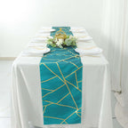 Polyester 9ft Table Runner Teal with Gold Foil Modern Geometric Accent - Bell Racket Store