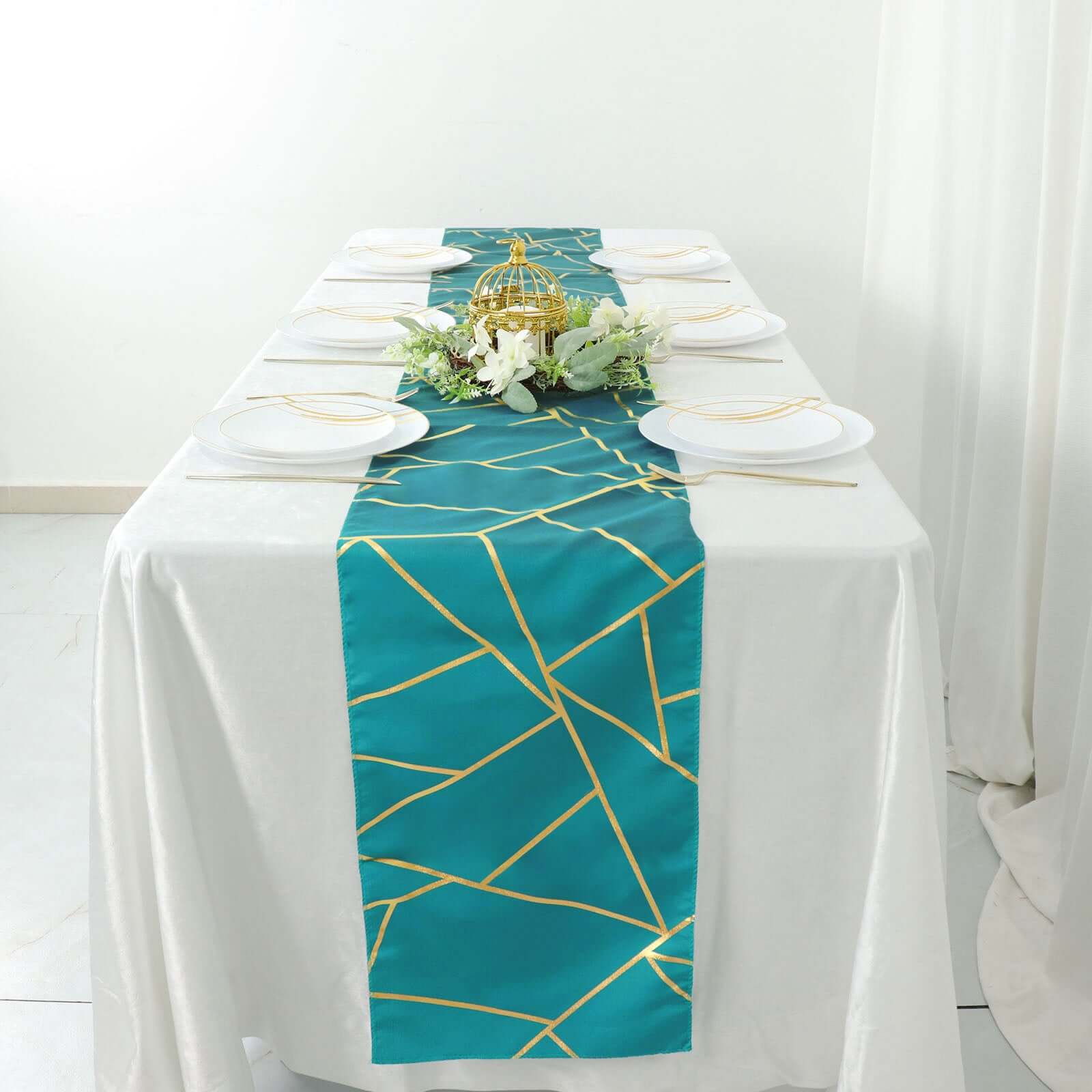 Polyester 9ft Table Runner Teal with Gold Foil Modern Geometric Accent - Bell Racket Store