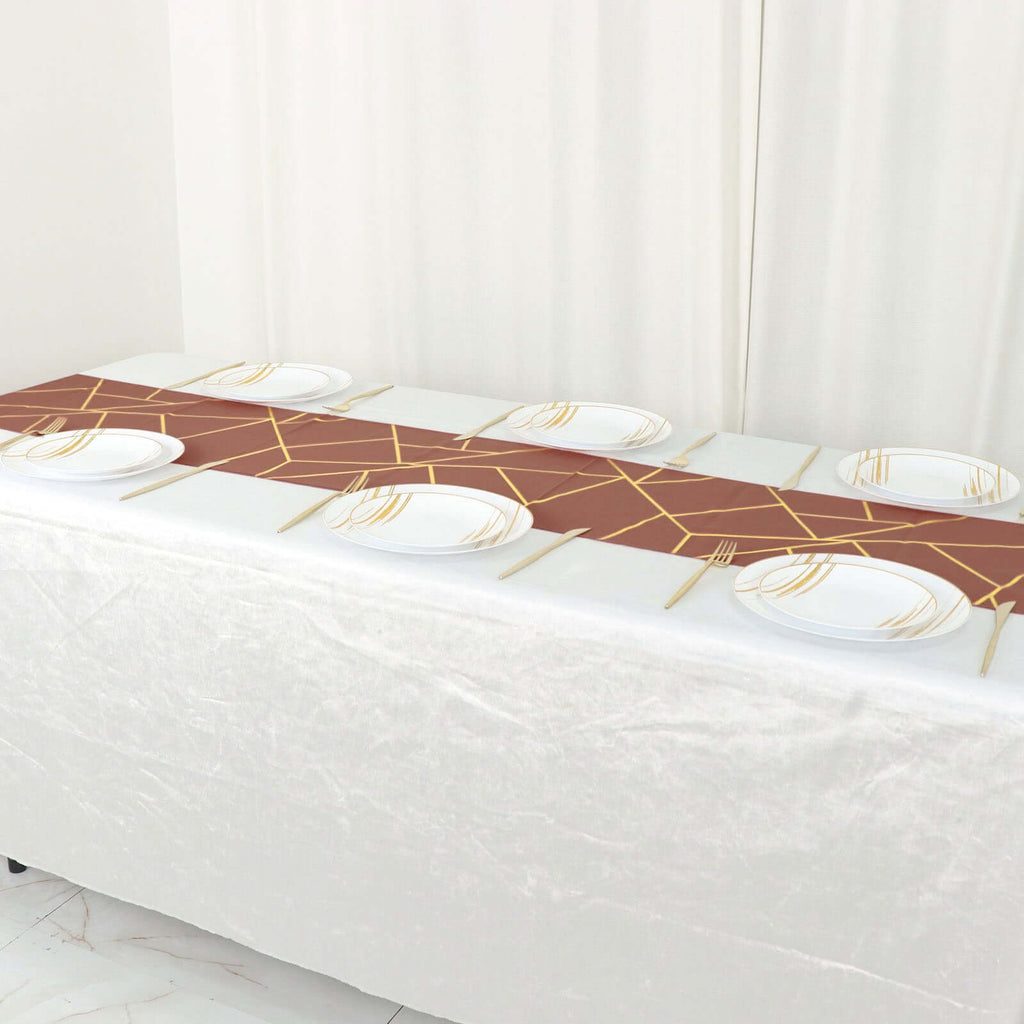 Polyester 9ft Table Runner Terracotta (Rust) with Gold Foil Modern Geometric Accent - Bell Racket Store