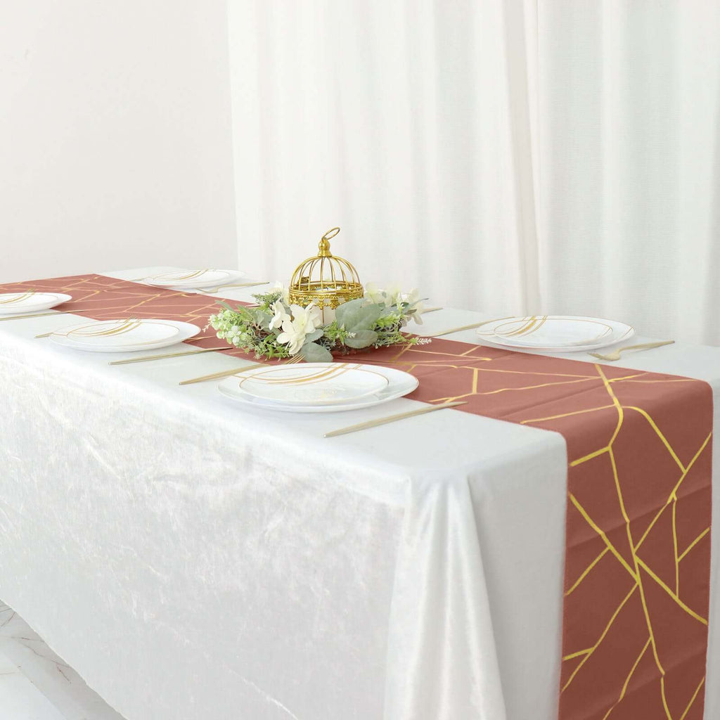 Polyester 9ft Table Runner Terracotta (Rust) with Gold Foil Modern Geometric Accent - Bell Racket Store