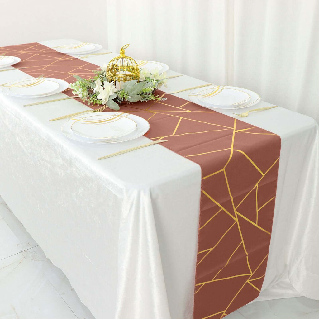 Polyester 9ft Table Runner Terracotta (Rust) with Gold Foil Modern Geometric Accent - Bell Racket Store