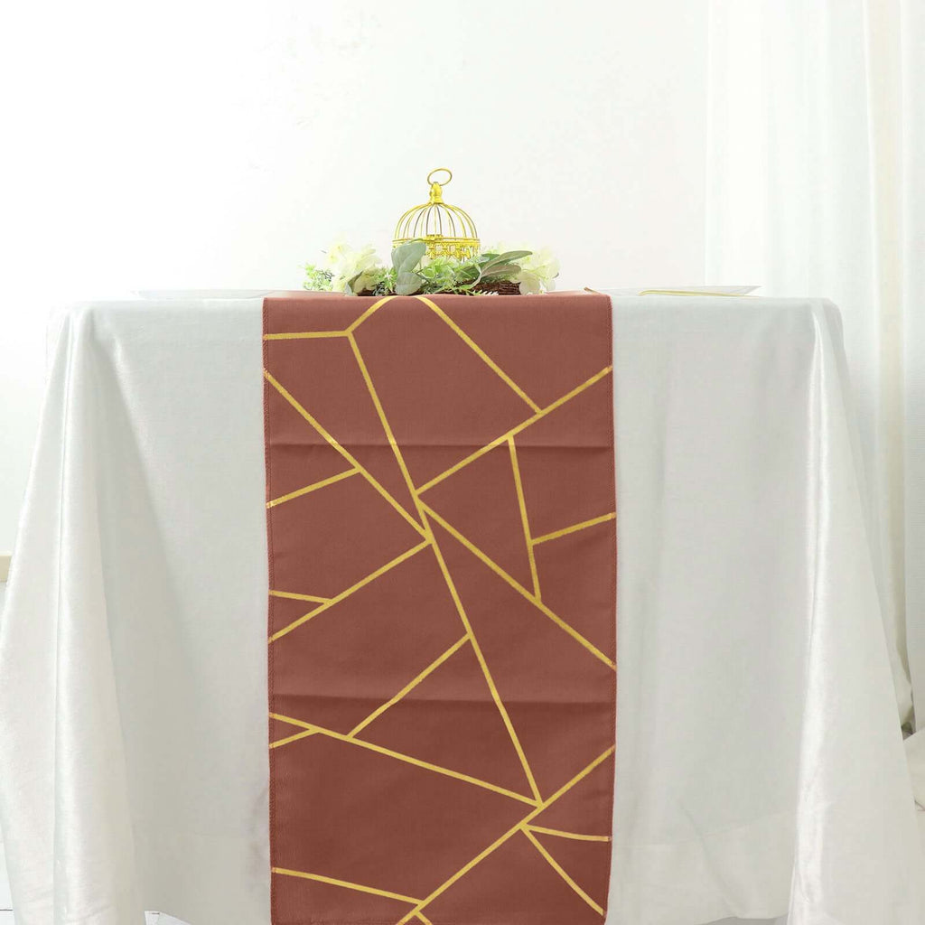 Polyester 9ft Table Runner Terracotta (Rust) with Gold Foil Modern Geometric Accent - Bell Racket Store