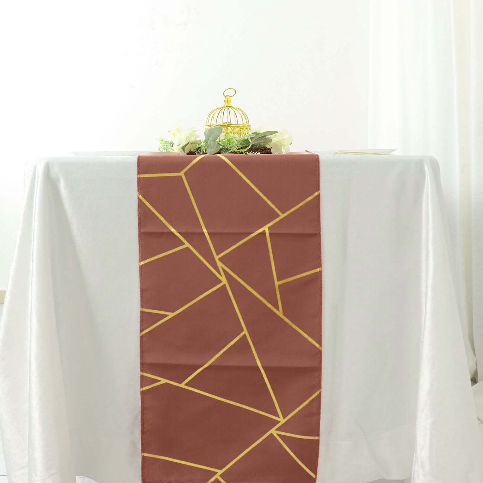 Polyester 9ft Table Runner Terracotta (Rust) with Gold Foil Modern Geometric Accent - Bell Racket Store