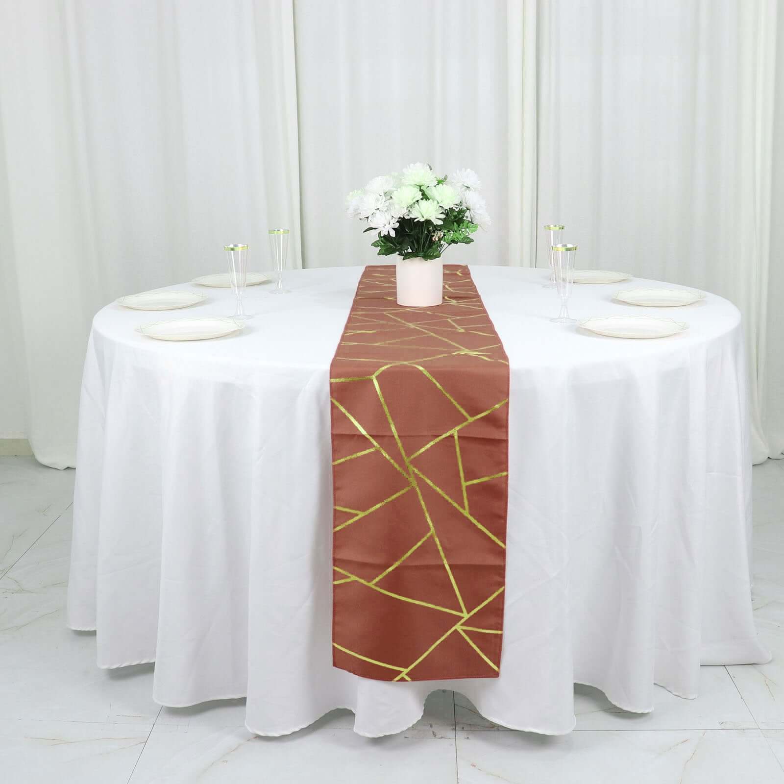 Polyester 9ft Table Runner Terracotta (Rust) with Gold Foil Modern Geometric Accent - Bell Racket Store
