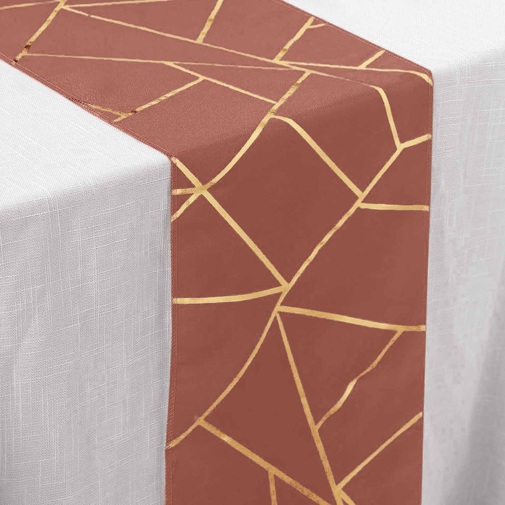 Polyester 9ft Table Runner Terracotta (Rust) with Gold Foil Modern Geometric Accent - Bell Racket Store